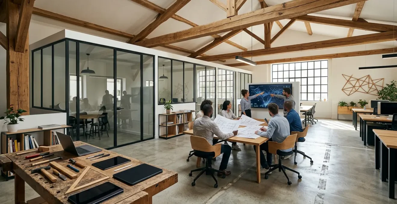 Bureau de PME française moderne avec équilibre entre tradition et innovation numérique