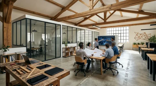 Bureau de PME française moderne avec équilibre entre tradition et innovation numérique