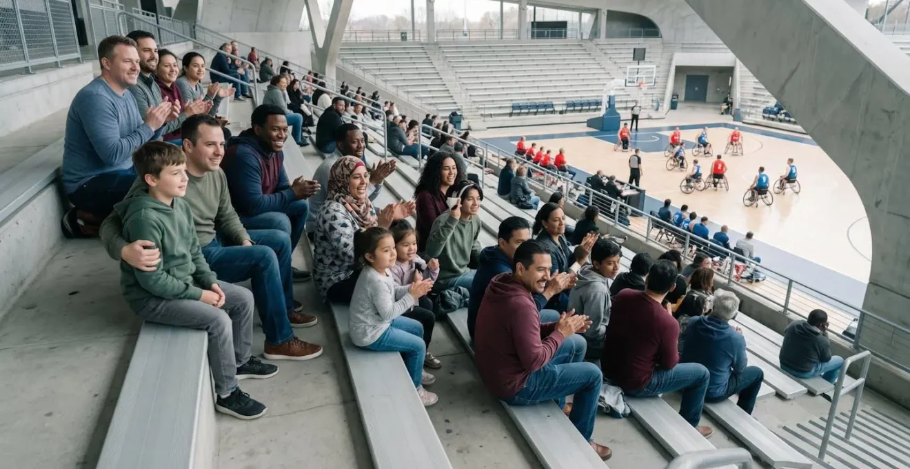 Famille heureuse regardant ensemble une compétition de handisport, montrant l'inclusion et les valeurs positives du sport